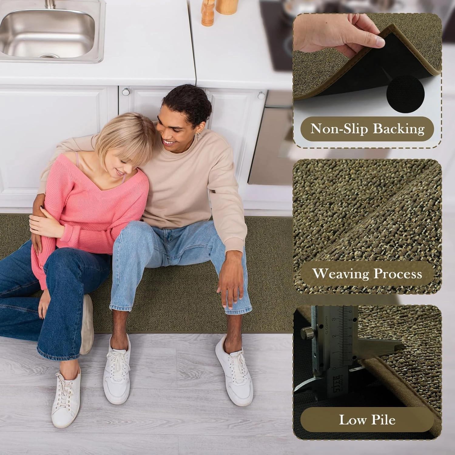 Washable Kitchen Rugs Sets of 2, Non Slip Farmhouse Kitchen Mats for Floor Absorbent Runner Rug, Easy Jute Carpet Runners for Hallway,Front of Sink,Laundry,Doorway(Beige&Green)