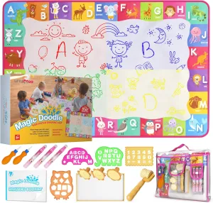 Water Doodle Mat - for Kids 60x40 Inch Water Drawing Canvas - Fun and Educational Alphabet Aqua Magic Coloring Pad with Brushes, Stamps, Stencils, Carry Case - Reusable, Mess Free, Non Toxic