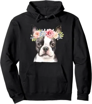 Watercolor Boston Terrier with Flower Crown Pullover Hoodie