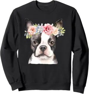Watercolor Boston Terrier with Flower Crown Sweatshirt