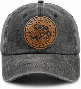 Weekend Hooker Hat for Men Women, Adjustable Cotton Fish Decor Leather Patch Baseball Cap for Fishing Lovers, Dad, Mom