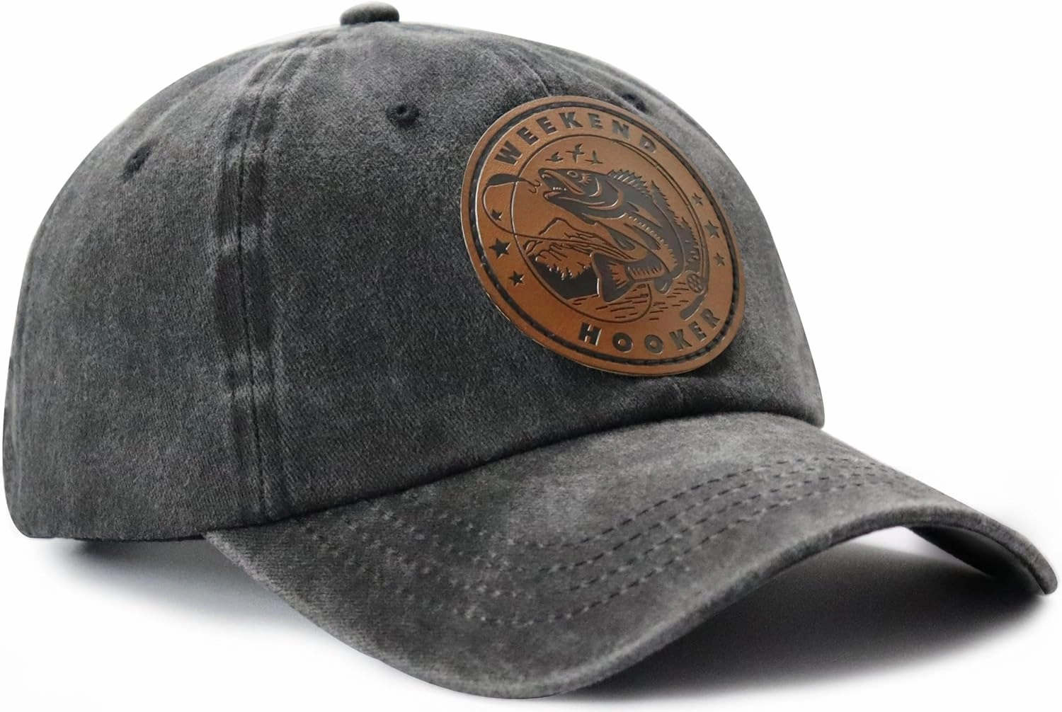 Weekend Hooker Hat for Men Women, Adjustable Cotton Fish Decor Leather Patch Baseball Cap for Fishing Lovers, Dad, Mom