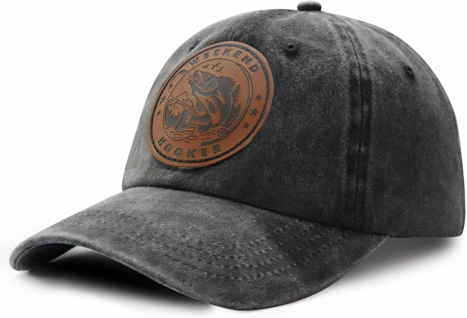 Weekend Hooker Hat for Men Women, Adjustable Cotton Fish Decor Leather Patch Baseball Cap for Fishing Lovers, Dad, Mom