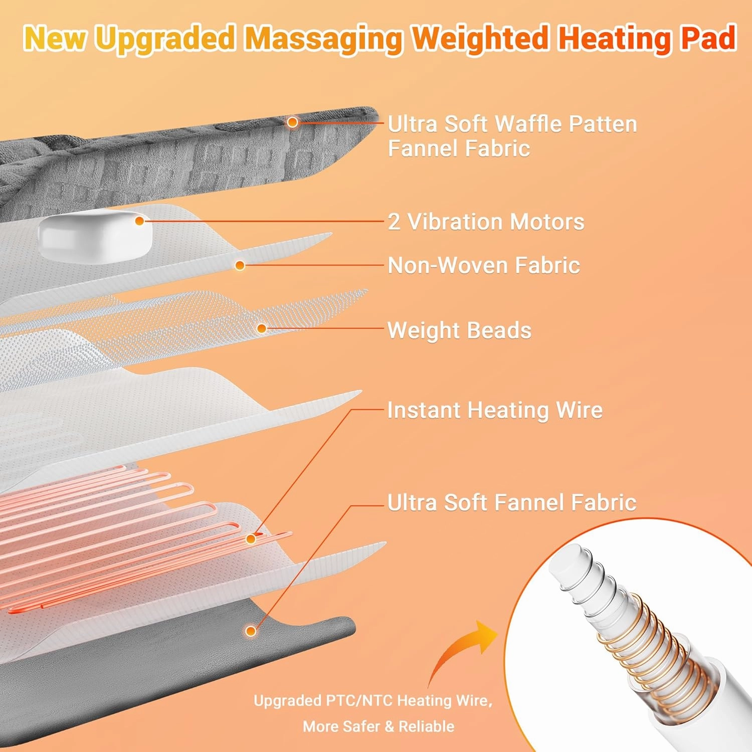 Weighted Electric Heating Pad with Massaging Vibrations, 6 Settings - 3 Heat, 3 Massage - 9 Relaxing Combinations, 12" x 24", 4 Lbs, Waffle Grey