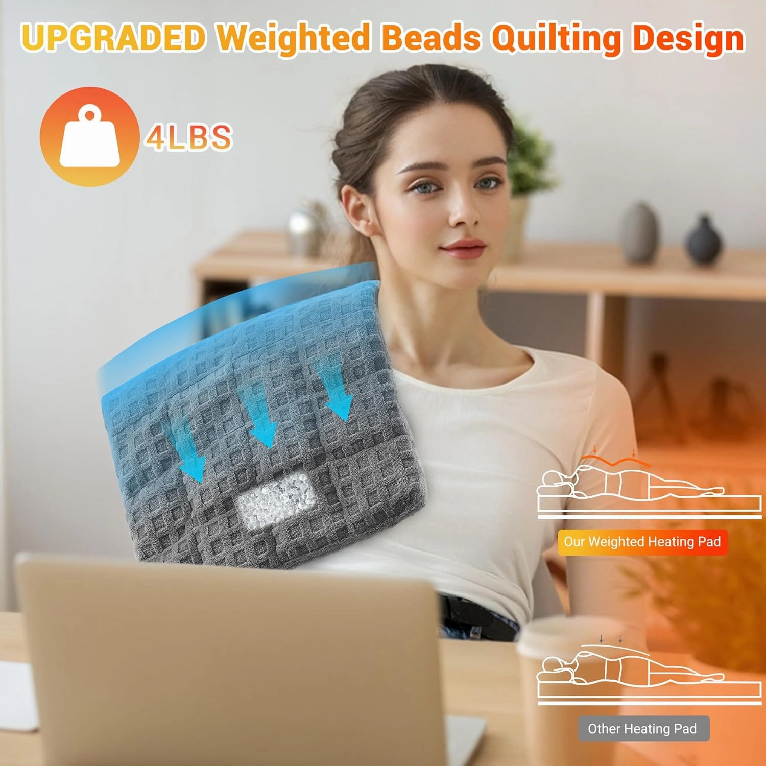 Weighted Electric Heating Pad with Massaging Vibrations, 6 Settings - 3 Heat, 3 Massage - 9 Relaxing Combinations, 12" x 24", 4 Lbs, Waffle Grey