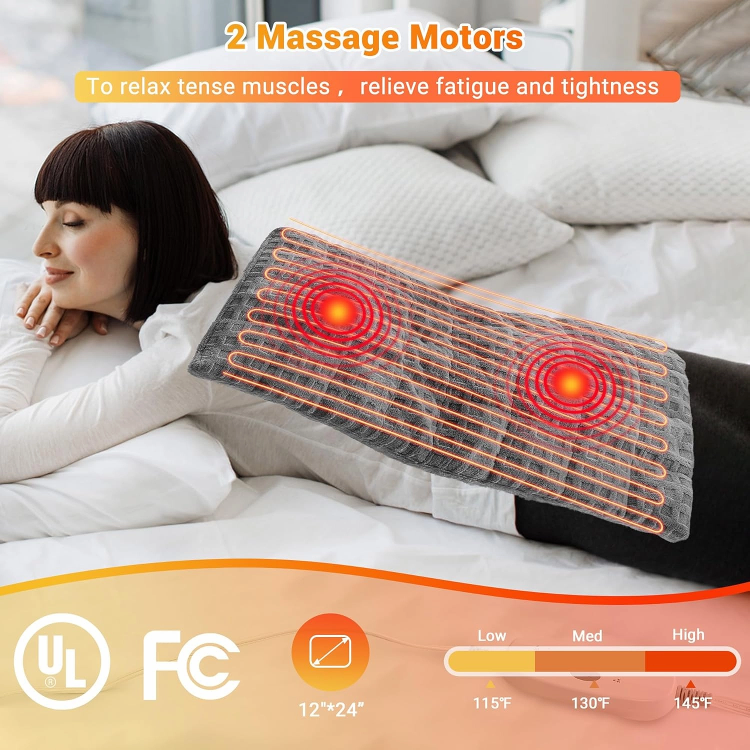 Weighted Electric Heating Pad with Massaging Vibrations, 6 Settings - 3 Heat, 3 Massage - 9 Relaxing Combinations, 12" x 24", 4 Lbs, Waffle Grey