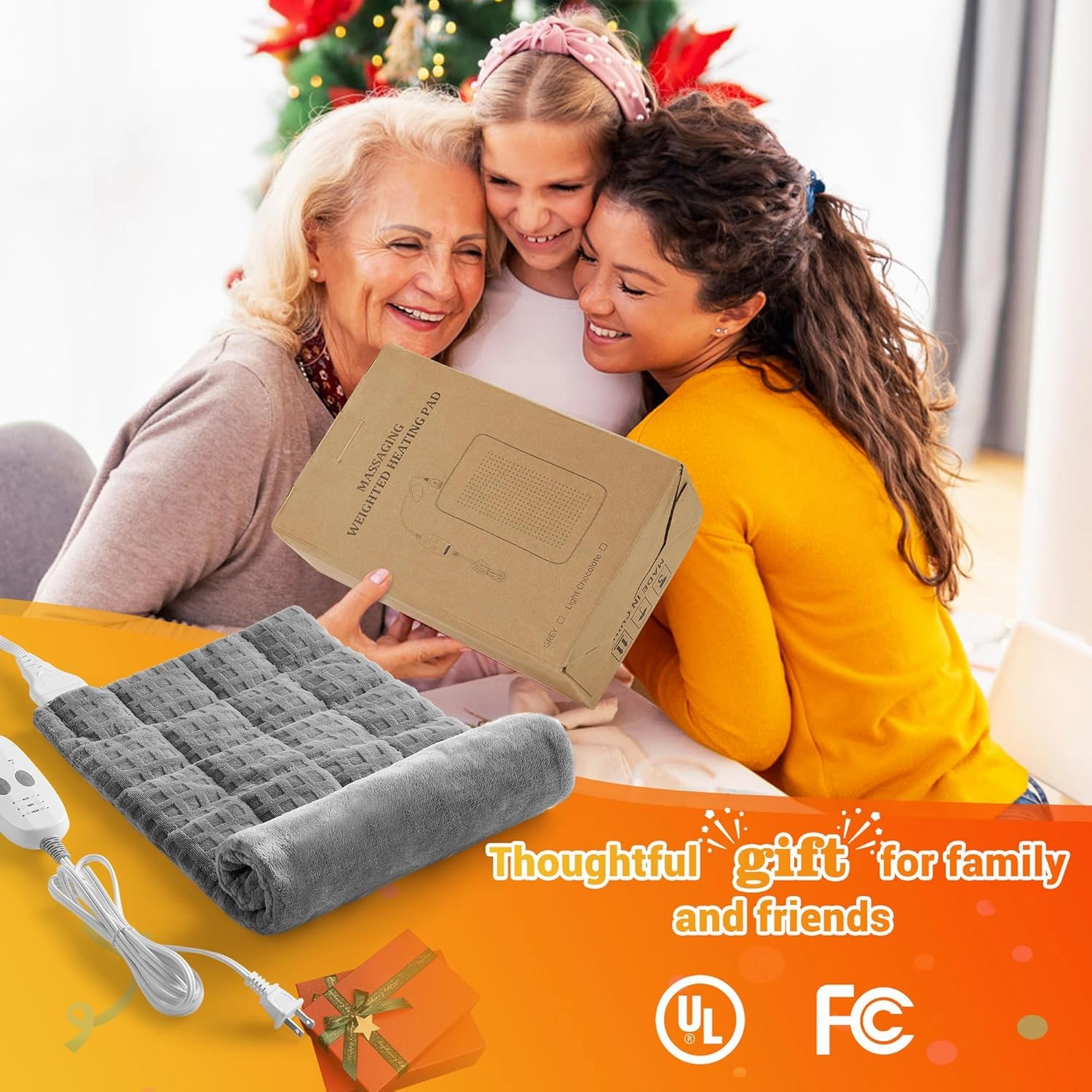 Weighted Electric Heating Pad with Massaging Vibrations, 6 Settings - 3 Heat, 3 Massage - 9 Relaxing Combinations, 12" x 24", 4 Lbs, Waffle Grey