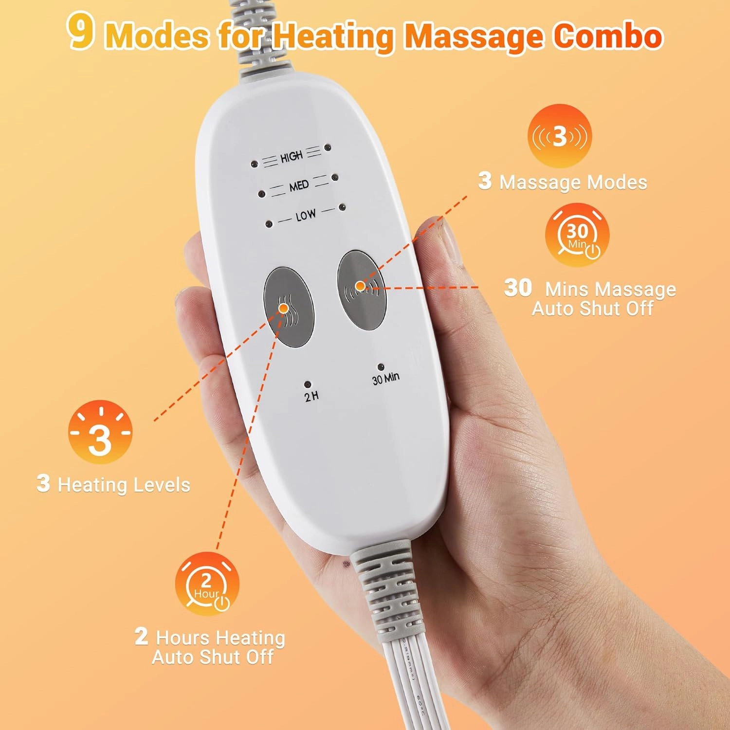 Weighted Electric Heating Pad with Massaging Vibrations, 6 Settings - 3 Heat, 3 Massage - 9 Relaxing Combinations, 12" x 24", 4 Lbs, Waffle Grey