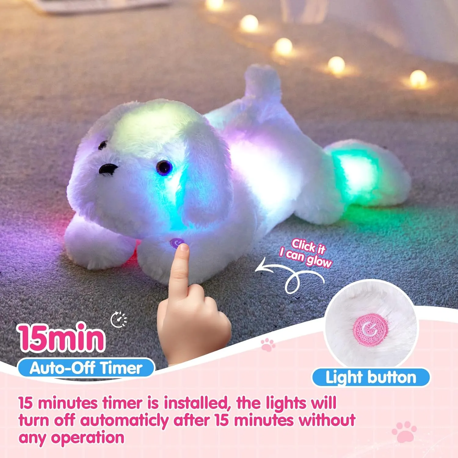 WEWILL 18'' Light up White Puppy Dog LED Stuffed Animal with Colorful Night Light Glow Soft Plush Toy Gifts for Kids on Christmas Birthday