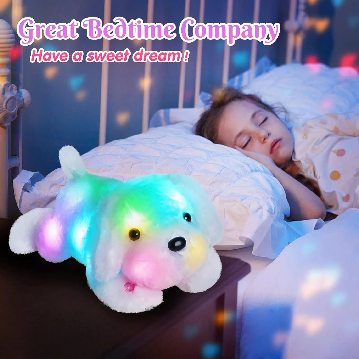 WEWILL 18'' Light up White Puppy Dog LED Stuffed Animal with Colorful Night Light Glow Soft Plush Toy Gifts for Kids on Christmas Birthday