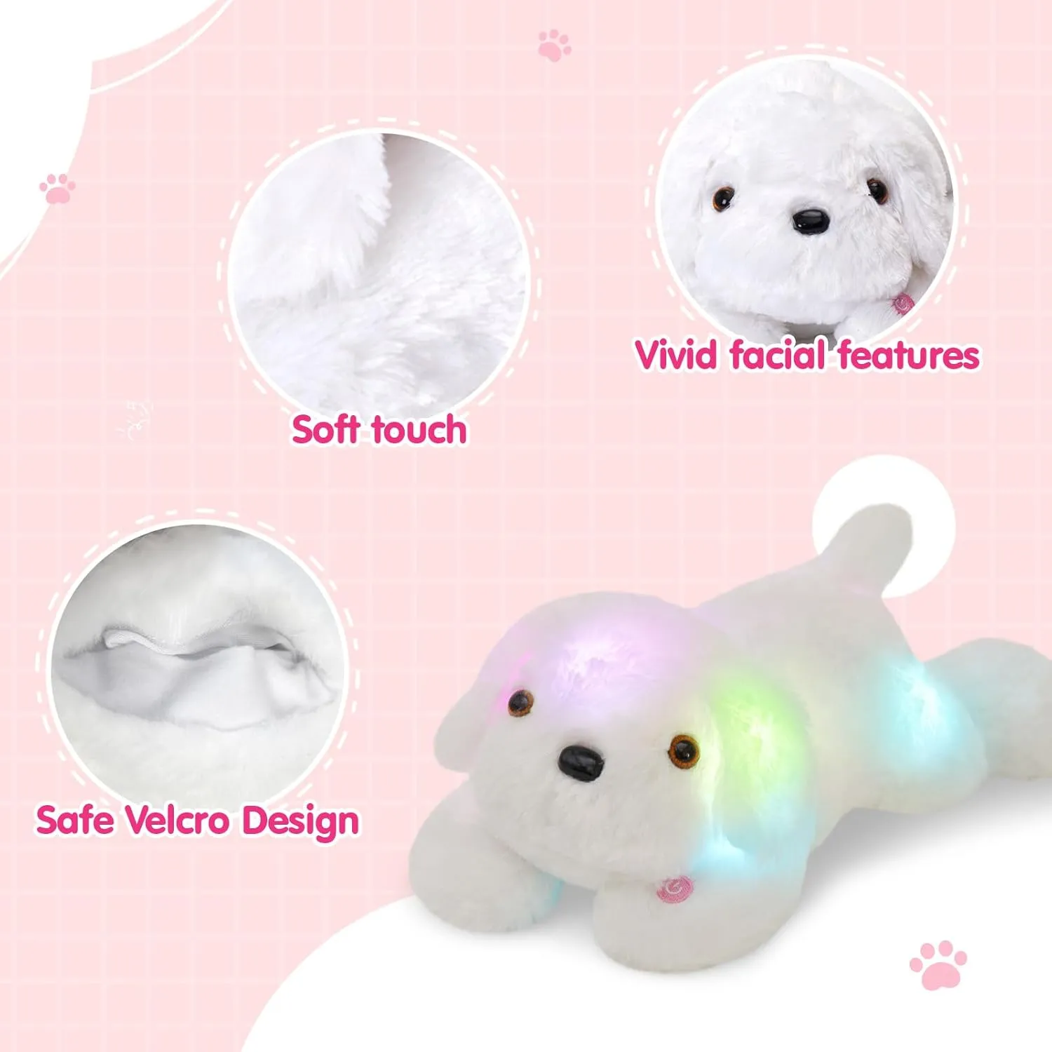 WEWILL 18'' Light up White Puppy Dog LED Stuffed Animal with Colorful Night Light Glow Soft Plush Toy Gifts for Kids on Christmas Birthday