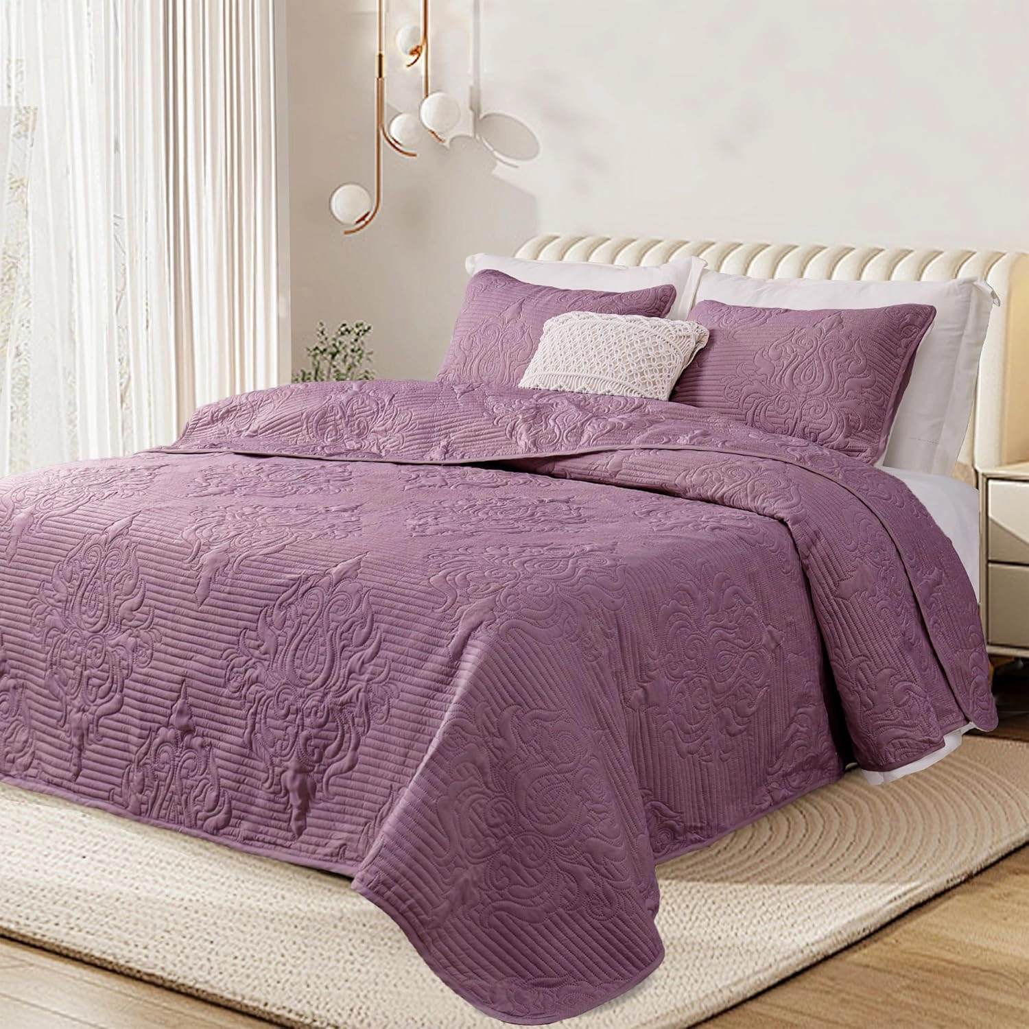 Whale Flotilla 3 Pieces Full Queen Quilt Set Dusty Lavender, Lightweight Quilt Bedding Set with Boho Embossed Pattern, Soft Microfiber Bedspreads Coverlets Bed Cover for All Season
