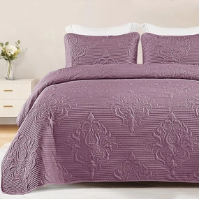Whale Flotilla 3 Pieces Full Queen Quilt Set Dusty Lavender, Lightweight Quilt Bedding Set with Boho Embossed Pattern, Soft Microfiber Bedspreads Coverlets Bed Cover for All Season