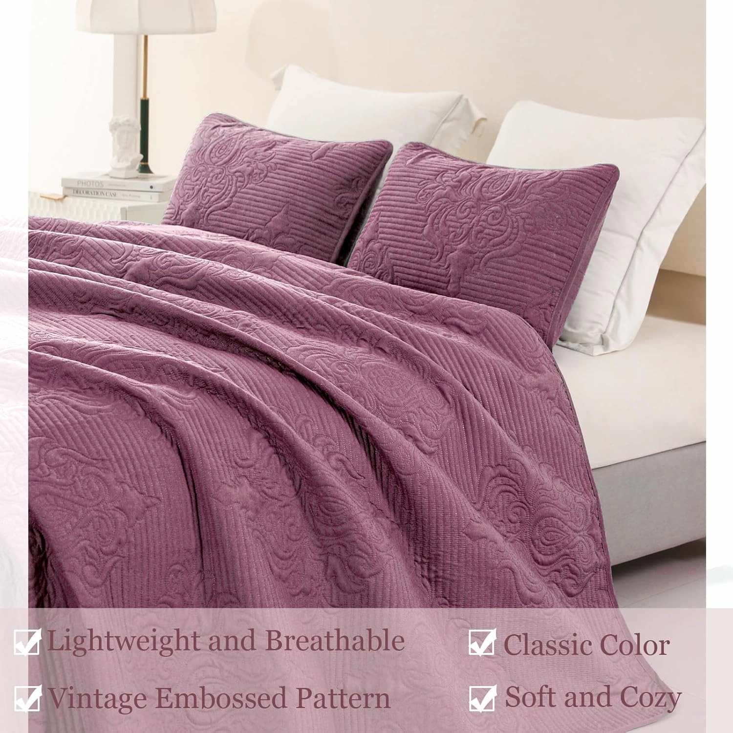Whale Flotilla 3 Pieces Full Queen Quilt Set Dusty Lavender, Lightweight Quilt Bedding Set with Boho Embossed Pattern, Soft Microfiber Bedspreads Coverlets Bed Cover for All Season