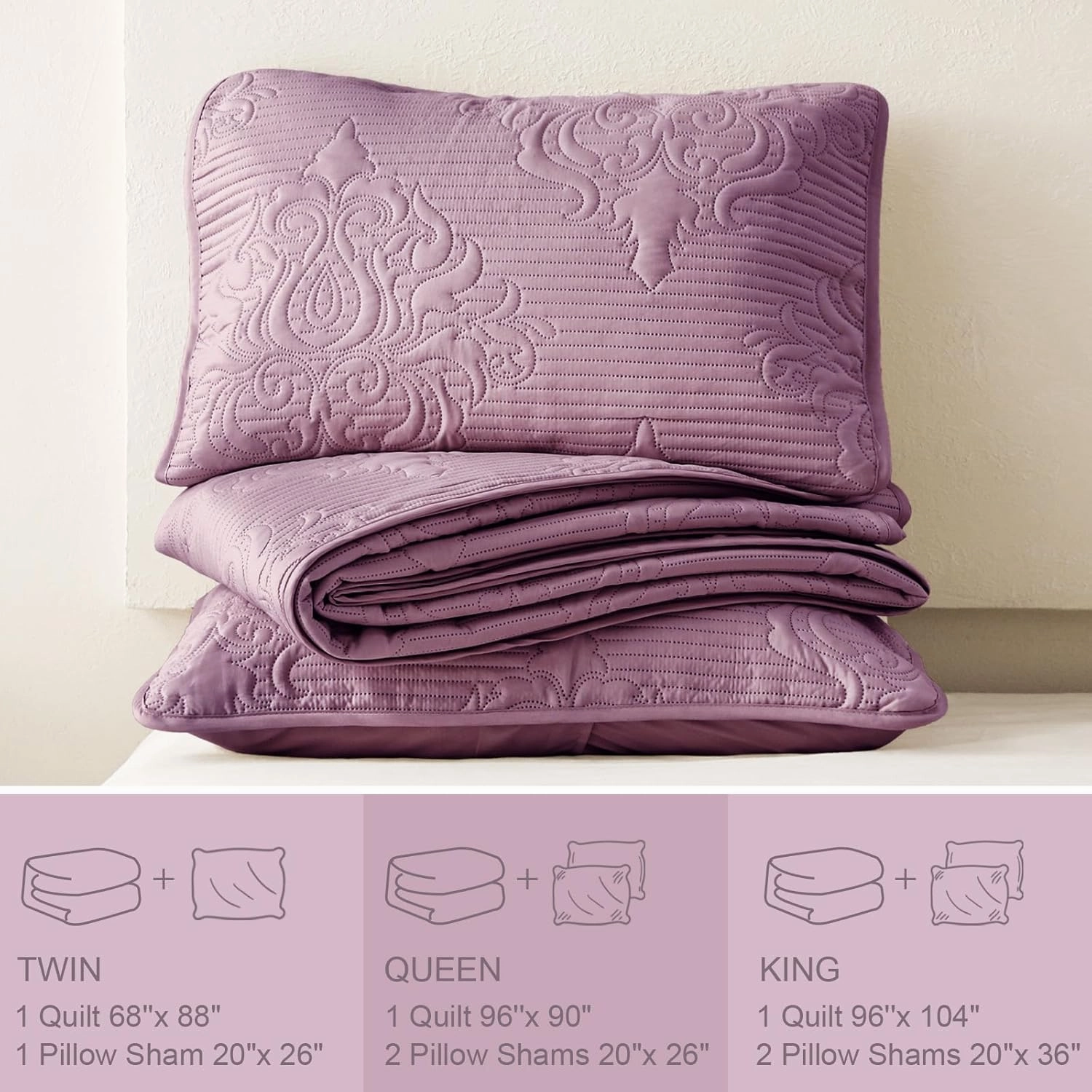 Whale Flotilla 3 Pieces Full Queen Quilt Set Dusty Lavender, Lightweight Quilt Bedding Set with Boho Embossed Pattern, Soft Microfiber Bedspreads Coverlets Bed Cover for All Season