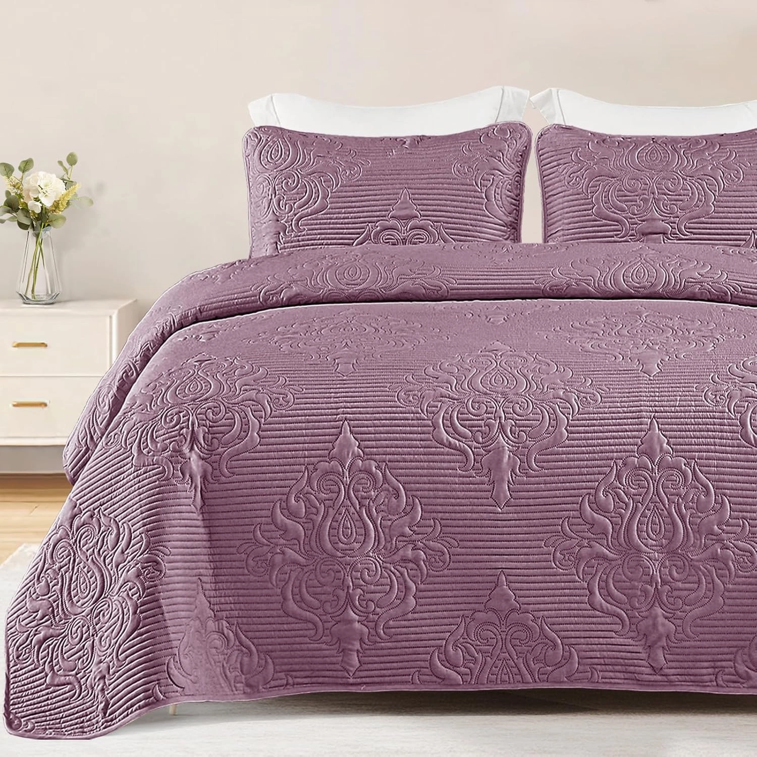 Whale Flotilla 3 Pieces Full Queen Quilt Set Dusty Lavender, Lightweight Quilt Bedding Set with Boho Embossed Pattern, Soft Microfiber Bedspreads Coverlets Bed Cover for All Season