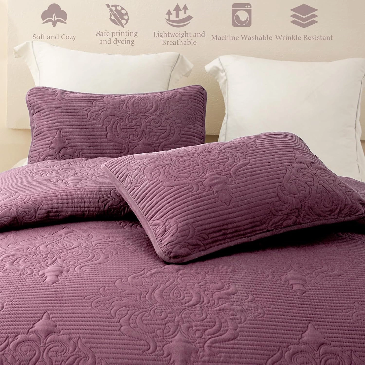 Whale Flotilla 3 Pieces Full Queen Quilt Set Dusty Lavender, Lightweight Quilt Bedding Set with Boho Embossed Pattern, Soft Microfiber Bedspreads Coverlets Bed Cover for All Season