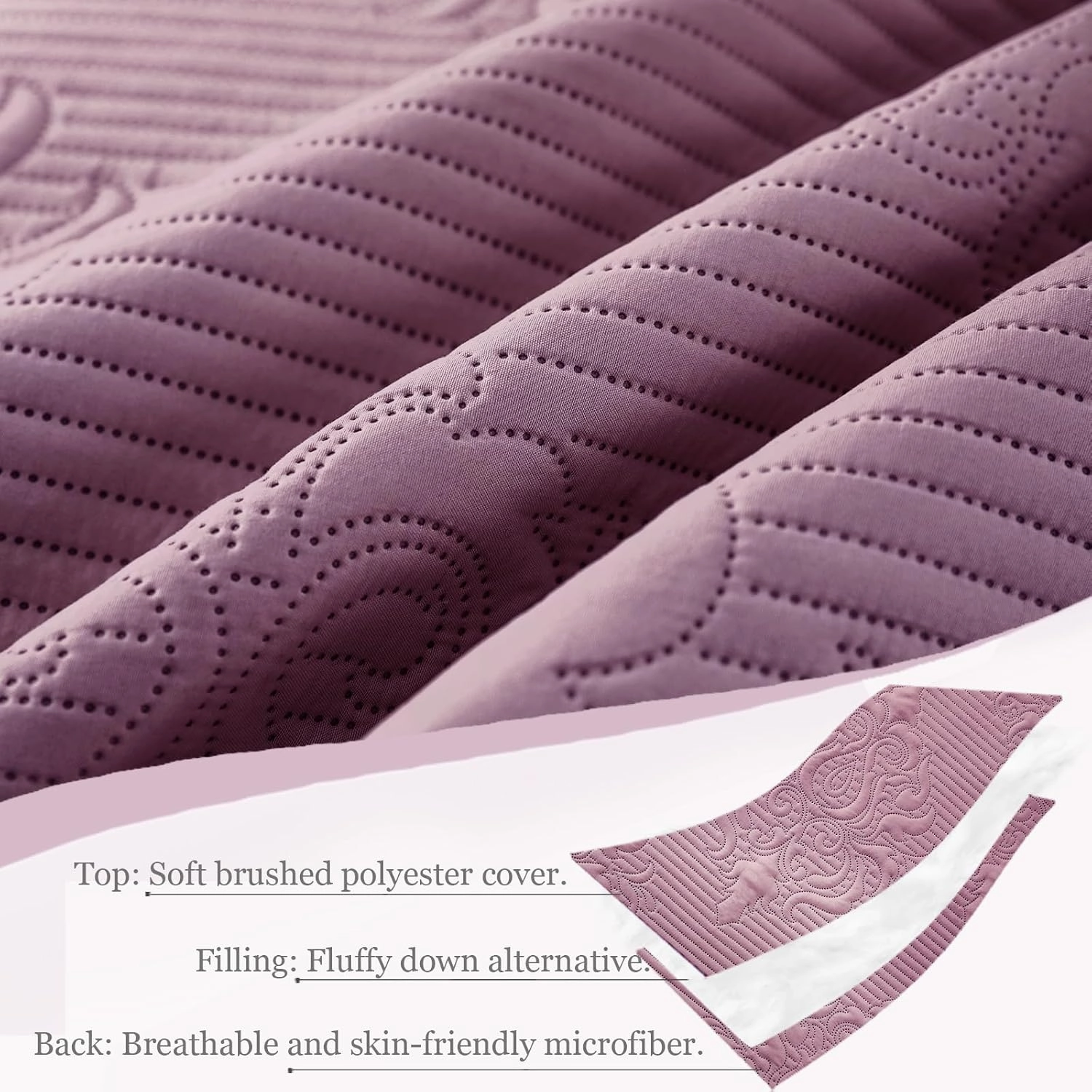Whale Flotilla 3 Pieces Full Queen Quilt Set Dusty Lavender, Lightweight Quilt Bedding Set with Boho Embossed Pattern, Soft Microfiber Bedspreads Coverlets Bed Cover for All Season