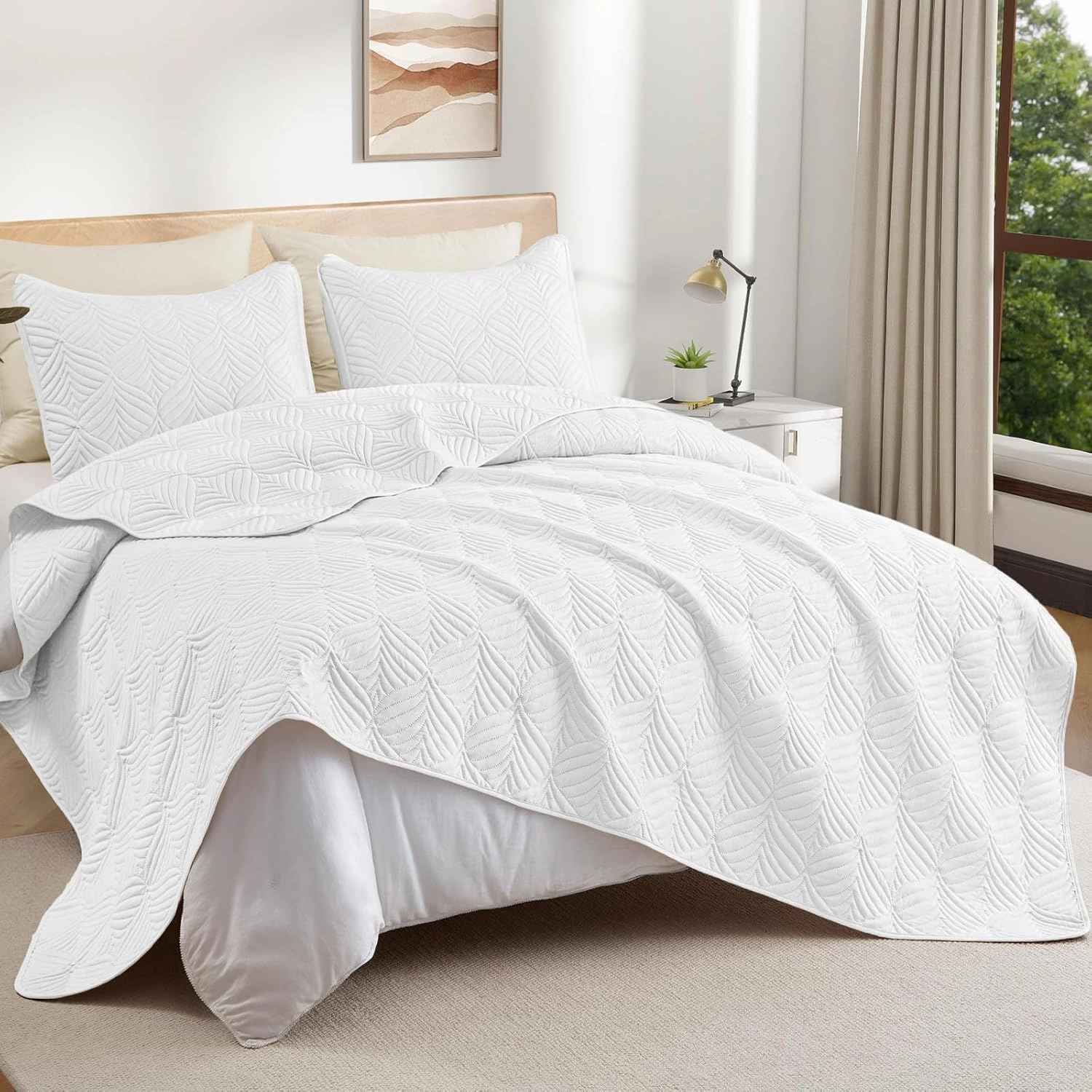 Whale Flotilla Elegant Extra Soft Quilts Queen Size, 3-Piece Lightweight Modern Geometric Full Queen Quilt Bedding Sets Bedspread Coverlet for All Seasons, White