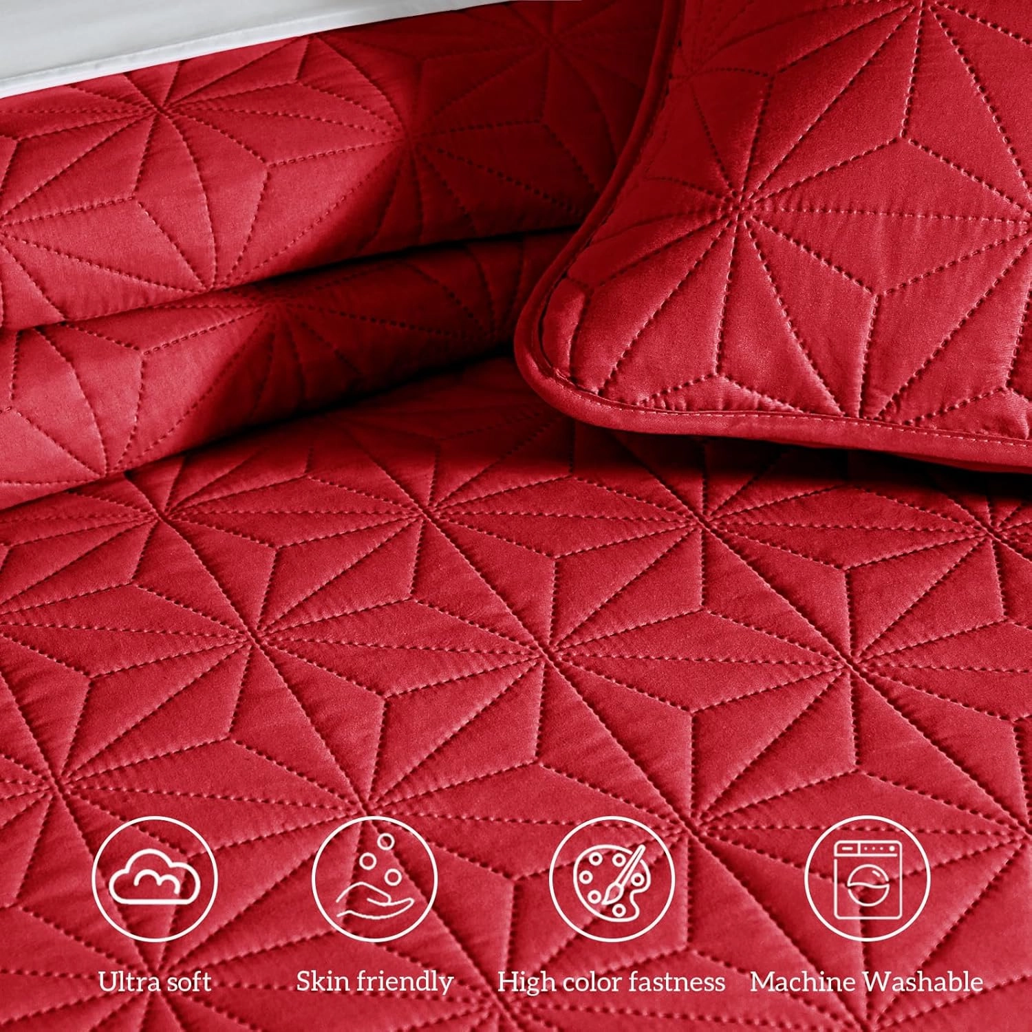 Whale Flotilla Queen Quilt Bedding Set, Soft Bright Red Bedspreads Quilts Queen Size for All Seasons, 3 Pieces Lightweight Geometric Star Pattern Coverlet