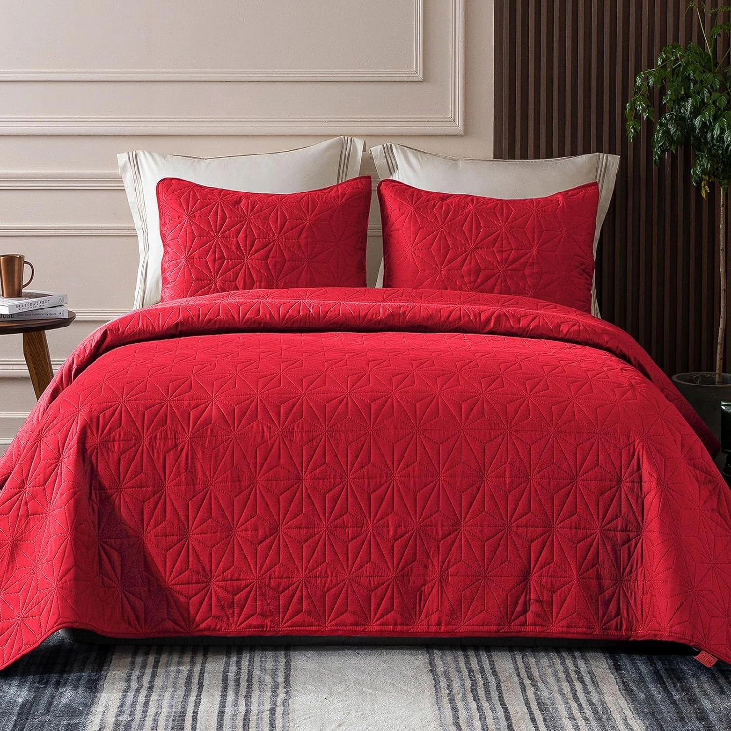 Whale Flotilla Queen Quilt Bedding Set, Soft Bright Red Bedspreads Quilts Queen Size for All Seasons, 3 Pieces Lightweight Geometric Star Pattern Coverlet