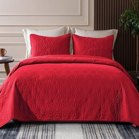 Whale Flotilla Queen Quilt Bedding Set, Soft Bright Red Bedspreads Quilts Queen Size for All Seasons, 3 Pieces Lightweight Geometric Star Pattern Coverlet