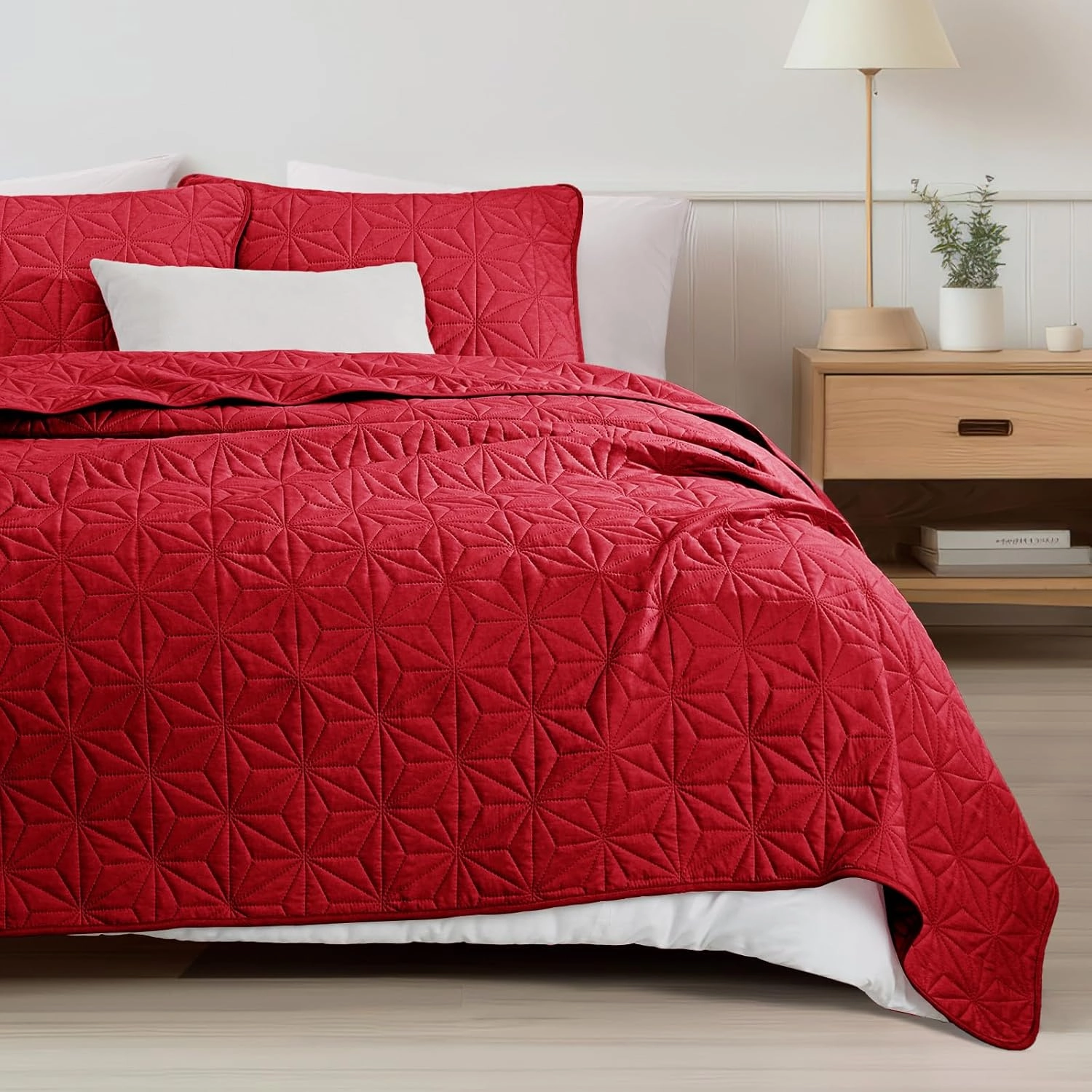 Whale Flotilla Queen Quilt Bedding Set, Soft Bright Red Bedspreads Quilts Queen Size for All Seasons, 3 Pieces Lightweight Geometric Star Pattern Coverlet