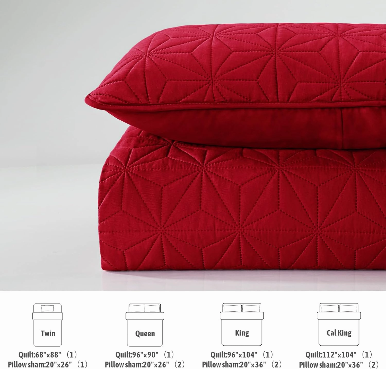 Whale Flotilla Queen Quilt Bedding Set, Soft Bright Red Bedspreads Quilts Queen Size for All Seasons, 3 Pieces Lightweight Geometric Star Pattern Coverlet