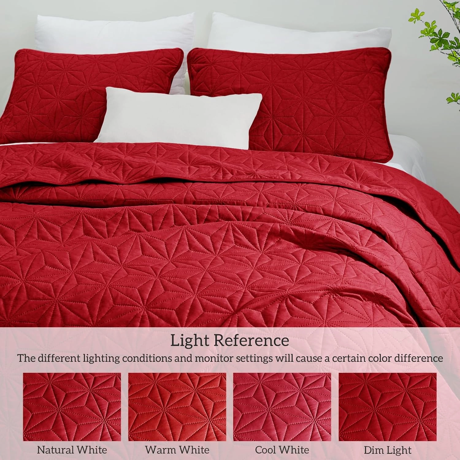 Whale Flotilla Queen Quilt Bedding Set, Soft Bright Red Bedspreads Quilts Queen Size for All Seasons, 3 Pieces Lightweight Geometric Star Pattern Coverlet