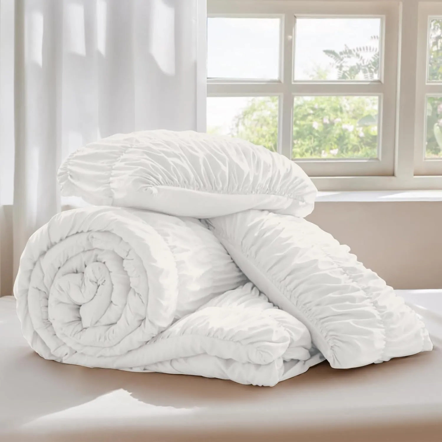 White Comforter Set Queen - Boho Fluffy Ruched Bedding Comforter Set with 2 Pillowcases, 3 Pieces Soft Shabby Chic Ruffle Bed Set for All Season