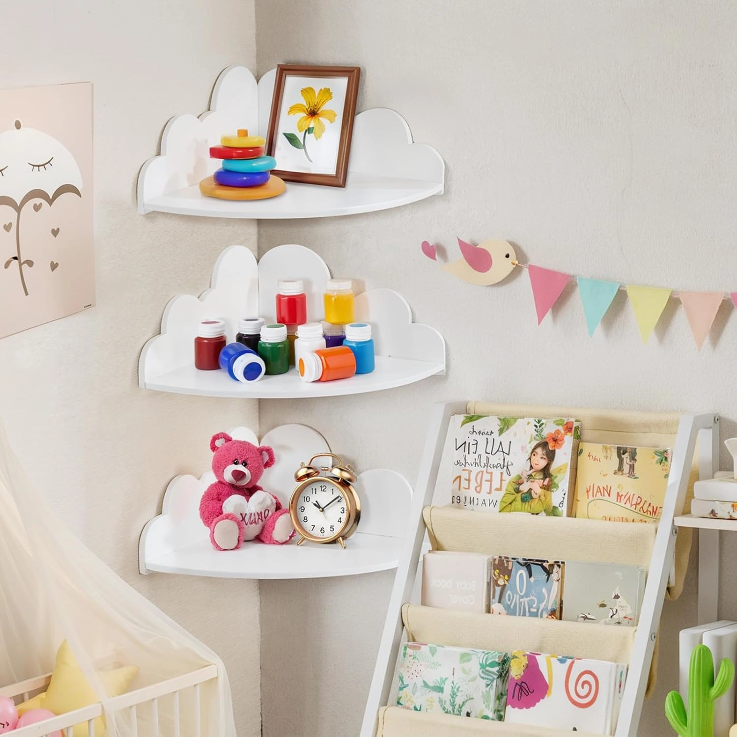 White Floating Cloud Shelves- Small Corner Shelves for Cloud Nursery Wall Decor, Set of 3 Hanging Display Wall Shelves for Kid's Bedroom Living Room