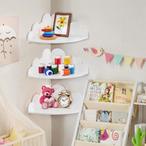 White Floating Cloud Shelves- Small Corner Shelves for Cloud Nursery Wall Decor, Set of 3 Hanging Display Wall Shelves for Kid's Bedroom Living Room