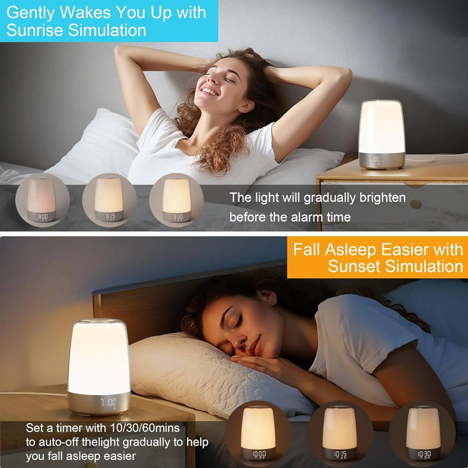 winshine Sunrise Alarm Clock, Wake Up Night Light for Kids, 10/30/60Mins Auto-Off Timer, Dimmable Sunlight Lamp, Touch Bedside Lamps for Bedroom, 6 RGB Colors, 5 Natural Sounds, Ideal for Gift