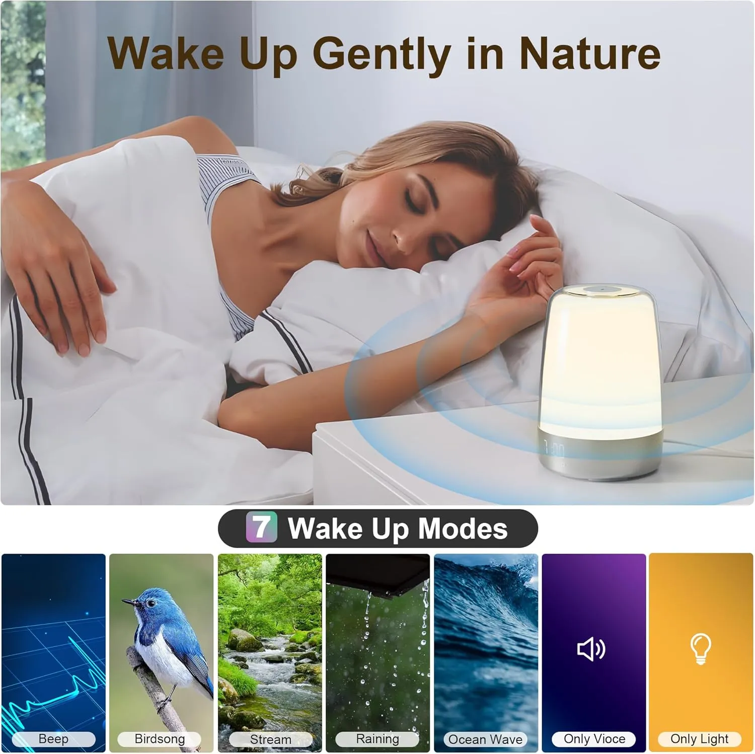 winshine Sunrise Alarm Clock, Wake Up Night Light for Kids, 10/30/60Mins Auto-Off Timer, Dimmable Sunlight Lamp, Touch Bedside Lamps for Bedroom, 6 RGB Colors, 5 Natural Sounds, Ideal for Gift