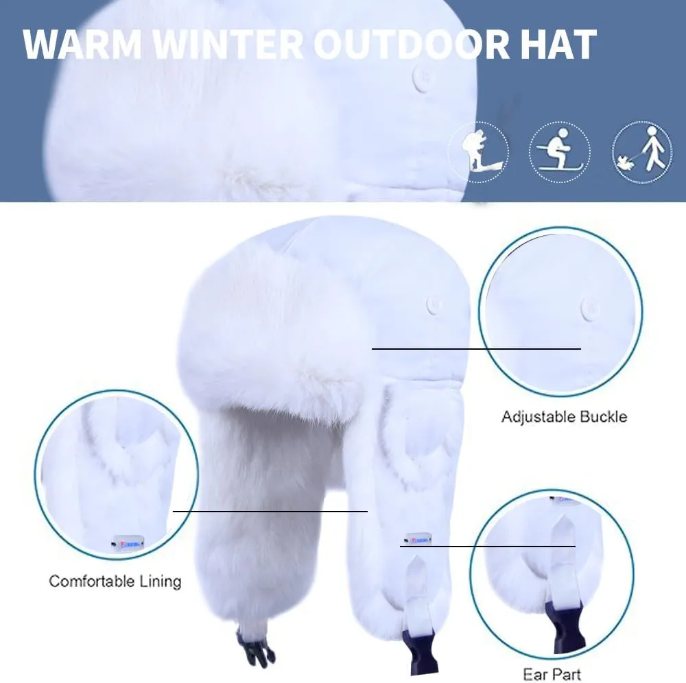 Winter Trapper Hat,100% Rabbit Fur Russian Ushanka Aviator Hunting Ski Hat Winter Hat with Ear Flaps