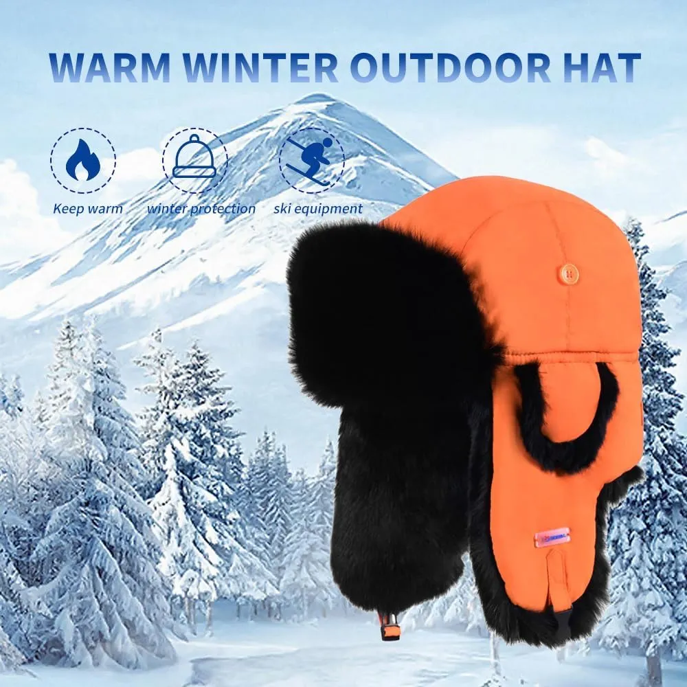 Winter Trapper Hat,100% Rabbit Fur Russian Ushanka Aviator Hunting Ski Hat Winter Hat with Ear Flaps
