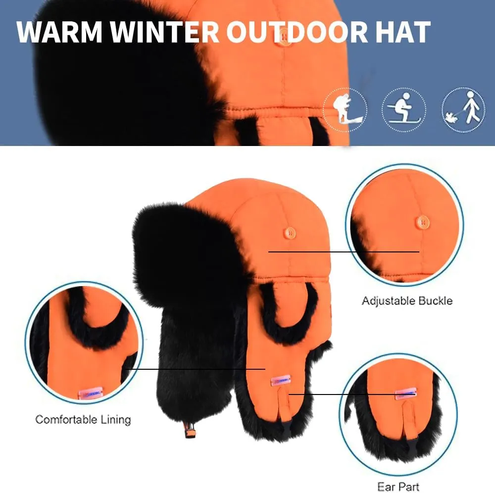 Winter Trapper Hat,100% Rabbit Fur Russian Ushanka Aviator Hunting Ski Hat Winter Hat with Ear Flaps