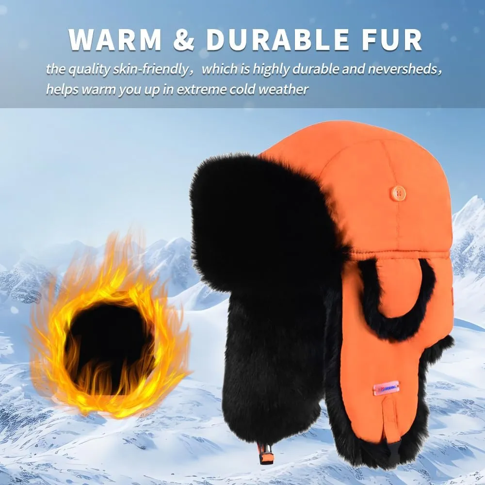 Winter Trapper Hat,100% Rabbit Fur Russian Ushanka Aviator Hunting Ski Hat Winter Hat with Ear Flaps