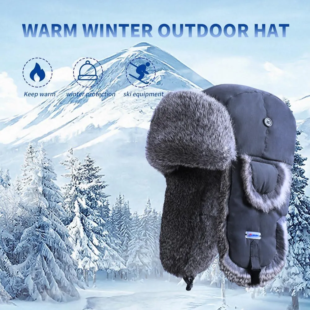 Winter Trapper Hat,100% Rabbit Fur Russian Ushanka Aviator Hunting Ski Hat Winter Hat with Ear Flaps