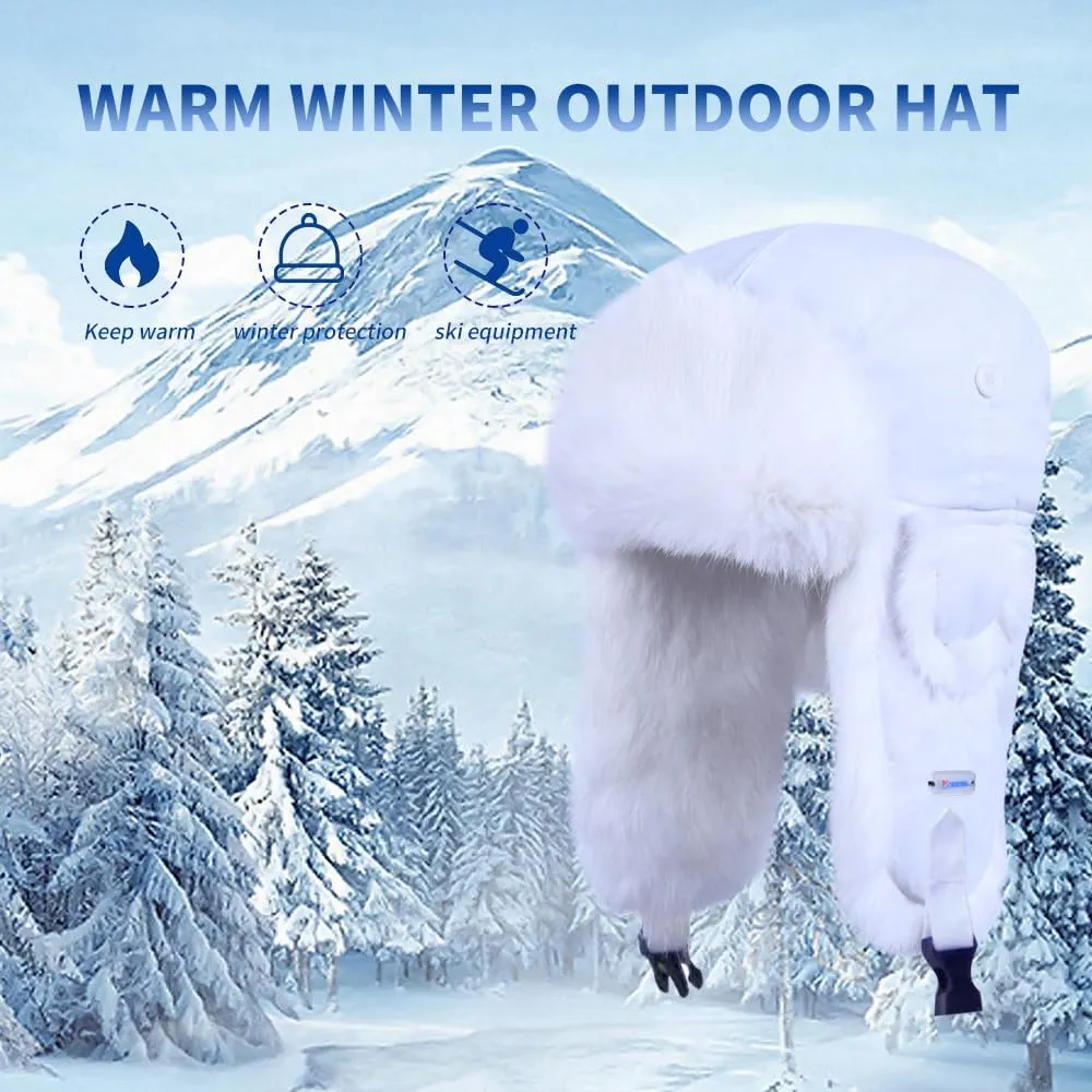 Winter Trapper Hat,100% Rabbit Fur Russian Ushanka Aviator Hunting Ski Hat Winter Hat with Ear Flaps