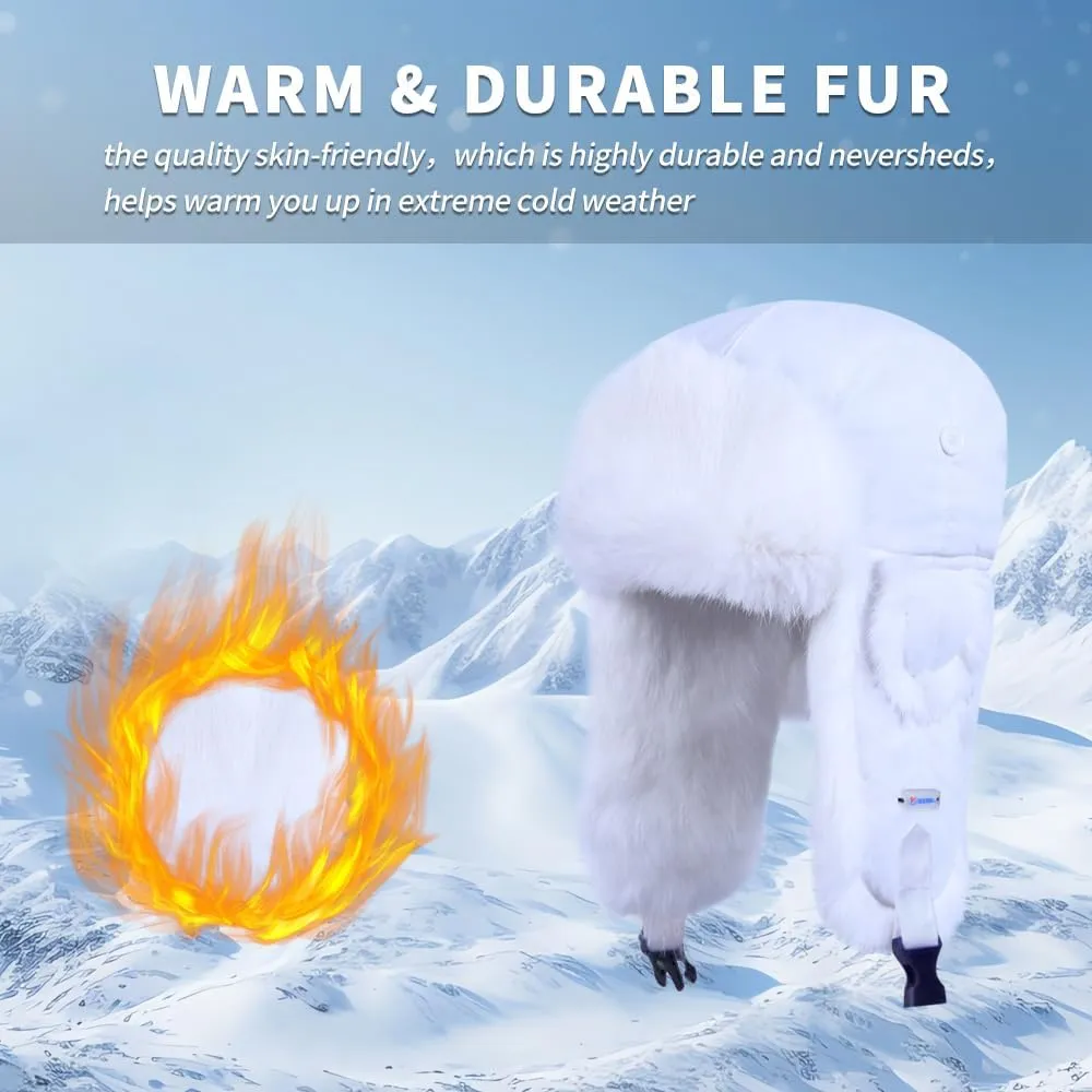 Winter Trapper Hat,100% Rabbit Fur Russian Ushanka Aviator Hunting Ski Hat Winter Hat with Ear Flaps