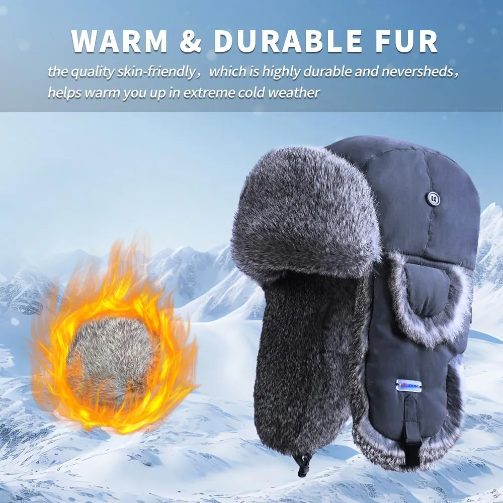 Winter Trapper Hat,100% Rabbit Fur Russian Ushanka Aviator Hunting Ski Hat Winter Hat with Ear Flaps