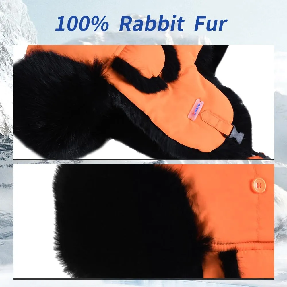 Winter Trapper Hat,100% Rabbit Fur Russian Ushanka Aviator Hunting Ski Hat Winter Hat with Ear Flaps