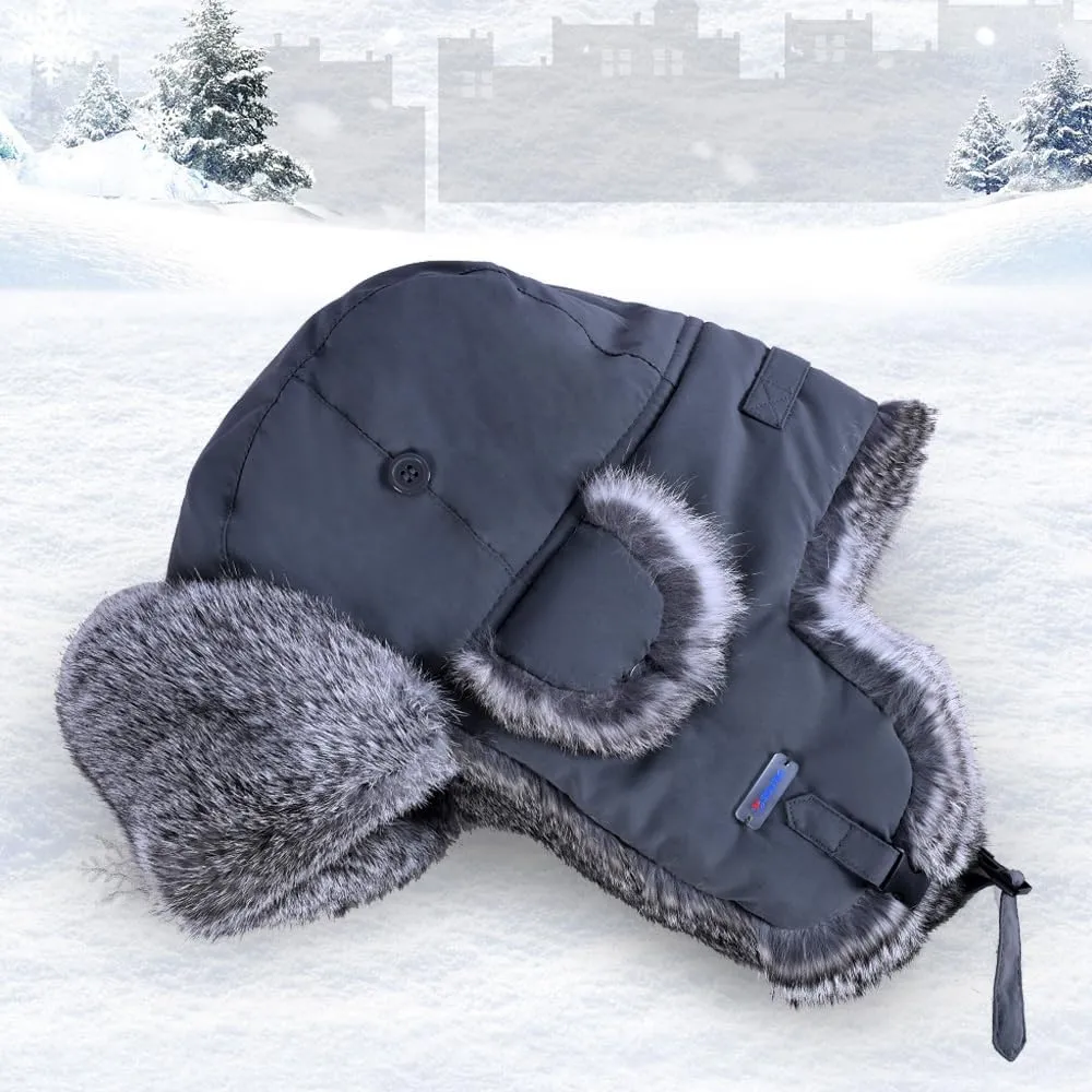 Winter Trapper Hat,100% Rabbit Fur Russian Ushanka Aviator Hunting Ski Hat Winter Hat with Ear Flaps