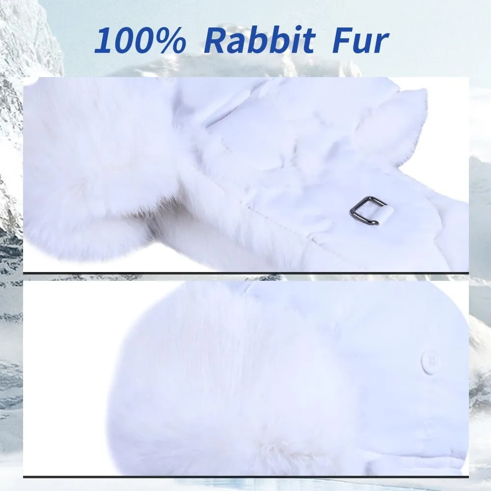 Winter Trapper Hat,100% Rabbit Fur Russian Ushanka Aviator Hunting Ski Hat Winter Hat with Ear Flaps