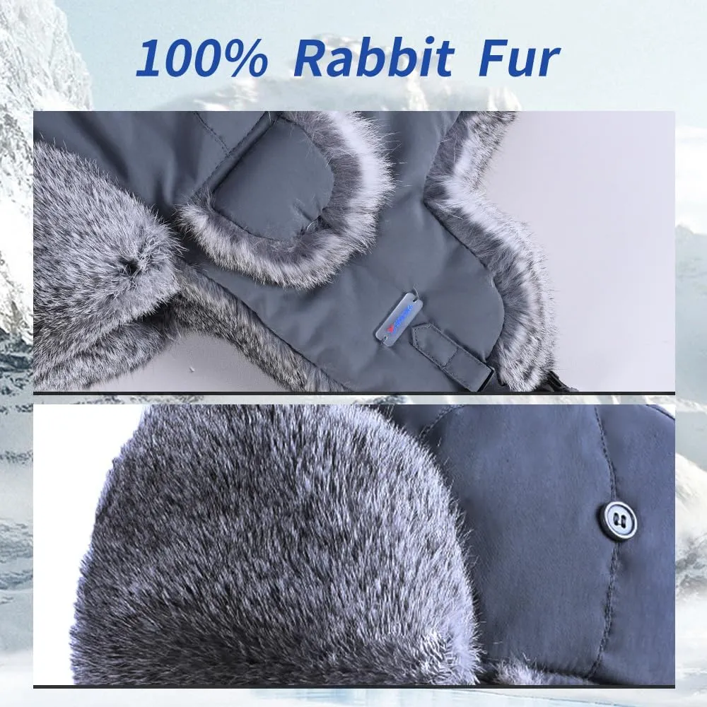 Winter Trapper Hat,100% Rabbit Fur Russian Ushanka Aviator Hunting Ski Hat Winter Hat with Ear Flaps