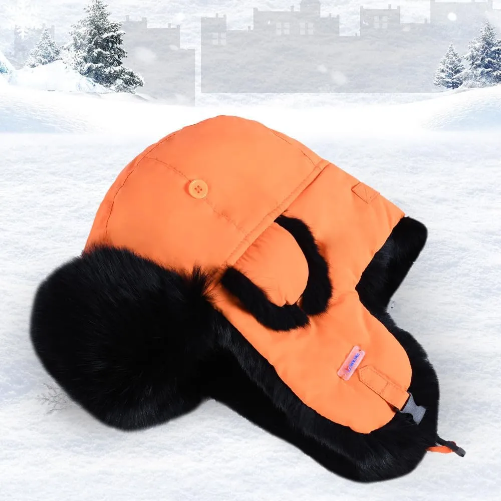 Winter Trapper Hat,100% Rabbit Fur Russian Ushanka Aviator Hunting Ski Hat Winter Hat with Ear Flaps