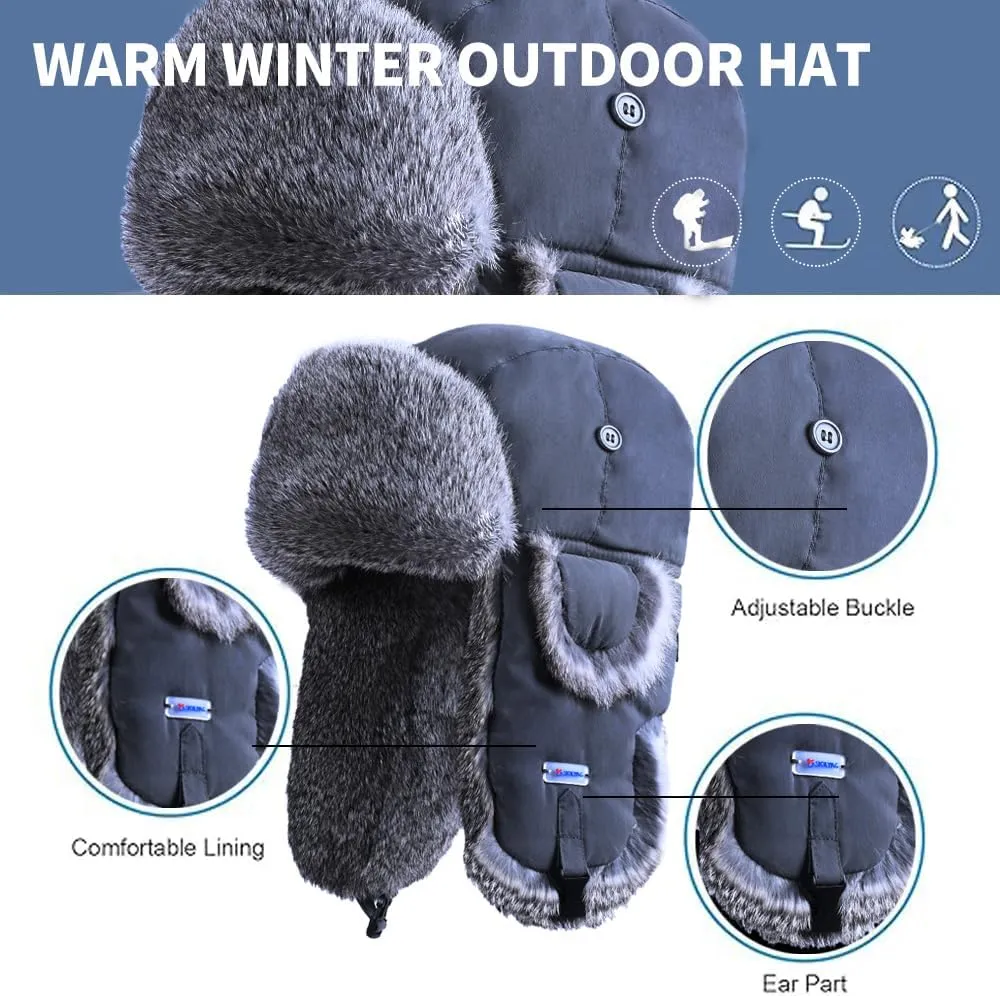 Winter Trapper Hat,100% Rabbit Fur Russian Ushanka Aviator Hunting Ski Hat Winter Hat with Ear Flaps