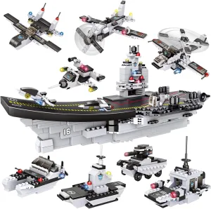 WishaLife 1320 Pieces Aircraft Carrier Building Blocks Set, Military Battleship Model Toy with Army Car, Helicopter & Boat, Military Toys Gift for Kids Boys Girls Age 6-12