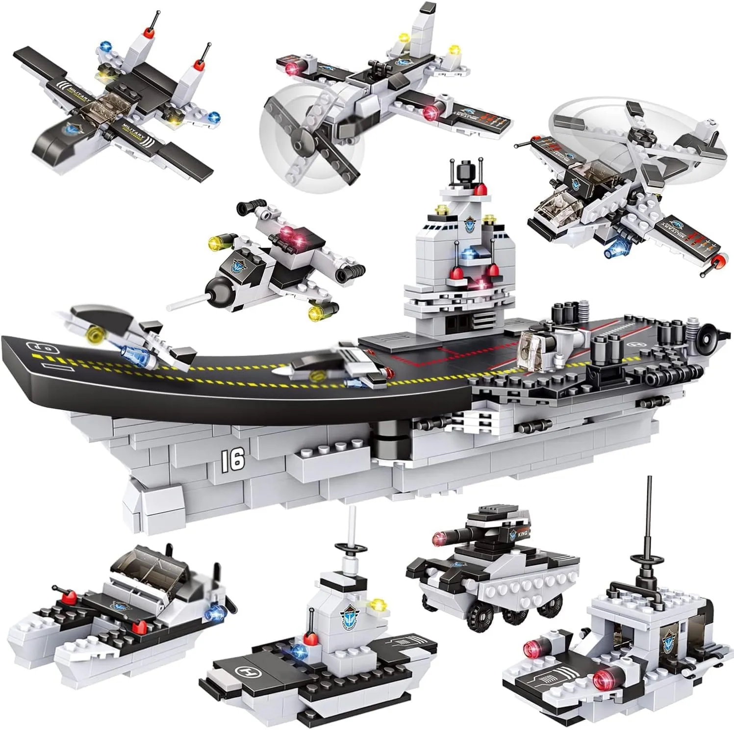 WishaLife 1320 Pieces Aircraft Carrier Building Blocks Set, Military Battleship Model Toy with Army Car, Helicopter & Boat, Military Toys Gift for Kids Boys Girls Age 6-12